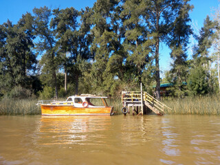 old wooden yacht docked in the pier of an island by the Paraná river delta. Nature, trees