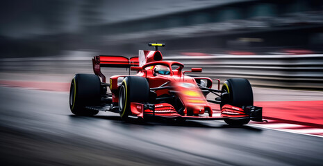 A vibrant red race car speeding down a thrilling race track - obrazy, fototapety, plakaty