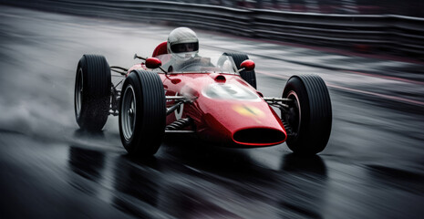 A man driving a red race car on a wet track - obrazy, fototapety, plakaty