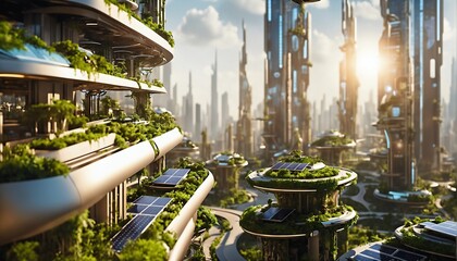 Ecological future city concept with carbon neutral footprint against global warmth. Green city solutions. Smart city.  - obrazy, fototapety, plakaty
