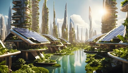 Ecological future city concept with carbon neutral footprint against global warmth. Green city solutions. Smart city. 