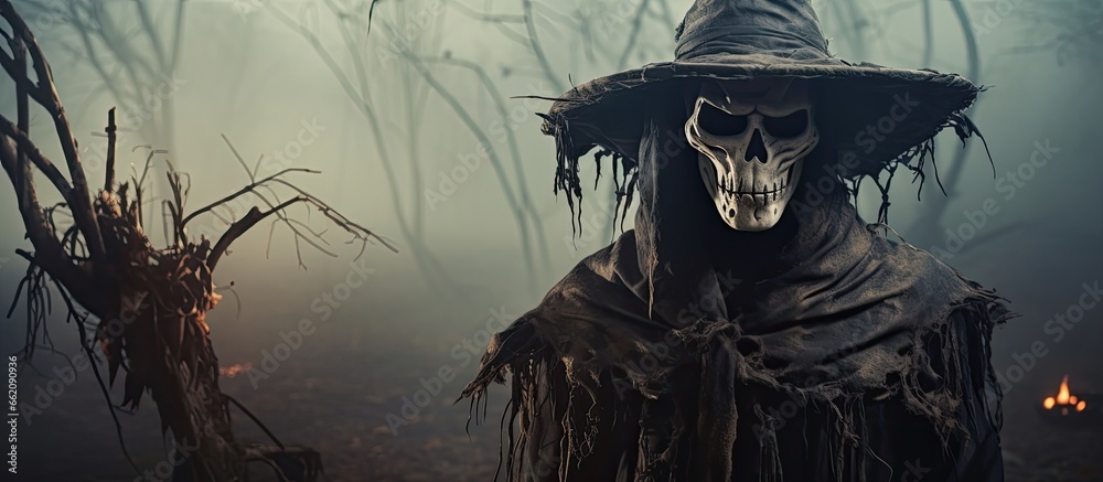 Wall mural sinister halloween scene with a creepy scarecrow in a forest fog with copyspace for text - Wall murals