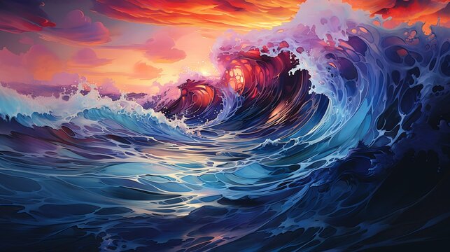 wave crashing ocean sunset avatar illustration red deep lots swirling stunning drawing