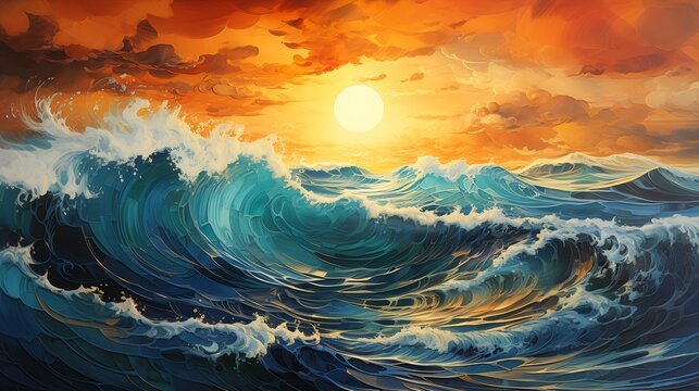 sunset large wave ocean deep sprites swirling scene sun setting bright puzzle chaotic sea flooded