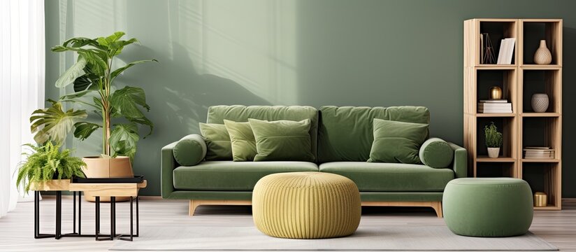Scandinavian living room with green velvet sofa gold pouf wooden furniture plants carpet cube and poster frames Template With copyspace for text