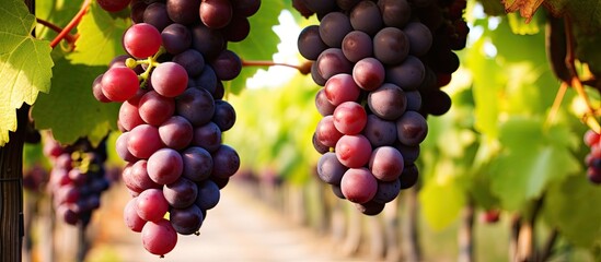 Ripe grapes in a vineyard With copyspace for text - obrazy, fototapety, plakaty