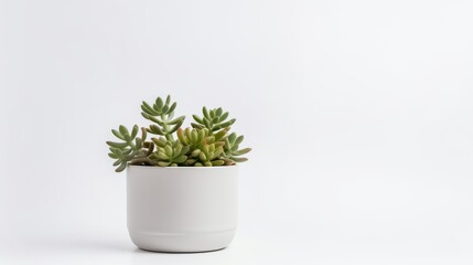 a small succulent plant with thick and fleshy green leaves in a white ceramic pot. The pot is round and smooth, creating a contrast with the textured plant. The background is plain white,
