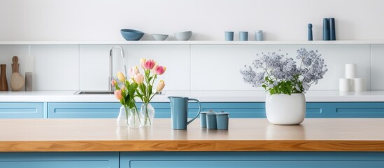 Scandinavian style kitchen with island table blue furniture and modern kitchenware Bright interior with white walls floor and a vase of flowers on marble countertop With copyspace for text - obrazy, fototapety, plakaty