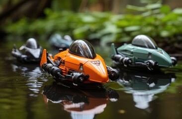 Toy cars floating on water