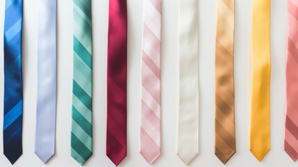 A colorful collection of neckties on a white background. The neckties are arranged in a rainbow-like order and have different patterns and designs. The background is white and the neckties are hanging