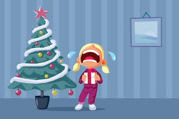 Spoiled Brat Ungrateful for her Christmas Gift Vector Cartoon Illustration. Disappointed entitled little child complaining about her Xmas present 
