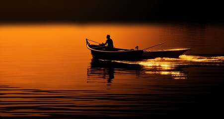 A man in a boat, surrounded by the serene beauty of a sunset over a tranquil lak