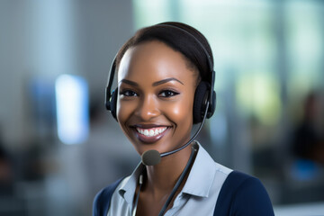 Portrait of smiling african american customer support phone operator in headset - obrazy, fototapety, plakaty