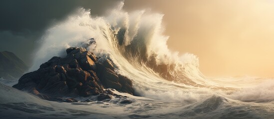 Naklejka premium Rock being crashed by waves