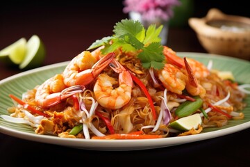 Pad thai. Asian shrimp noodle dish, fresh vegetables, garnish. Culinary and gourmet.