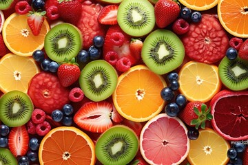 Vibrant display of assorted sliced fruits including oranges, kiwis, strawberries. Suitable for...