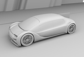 Clay rendering of Electric Car equipped with In-wheel motors driving on the road. Generic design. 3D rendering image.