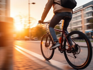Naklejka premium Man carrying a bag is cycling on the highway at sunset, working on a bicycle