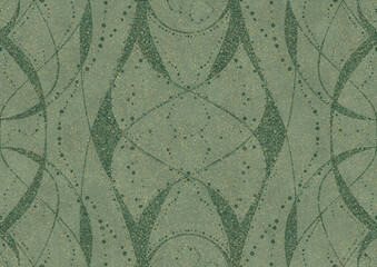 Hand-drawn unique abstract seamless ornament. Dark green on light warm green background, with splatters of golden glitter. Paper texture. Digital artwork, A4. (pattern: p10-4a)