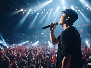 Close up Asian male singer on stage singing with audience, concert with large audience