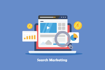 Search marketing graph and chart on dashboard screen, website optimization, investing on SEO campaign, web traffic performance data analytics, vector illustration.