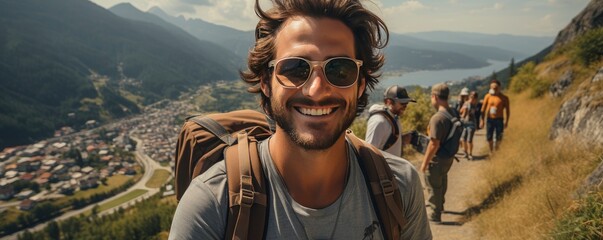 A Handsome man wearing hat and sunglasses taking selfie picture on vacation day - Happy backpacker smiling, Generative AI - obrazy, fototapety, plakaty