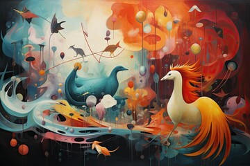 Mythical animals and creatures in an abstract composition