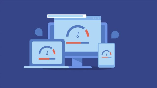 Website loading speed test, internet connection speed, speedometer on desktop, laptop and mobile screen, search bar with magnifier, conceptual video animation.