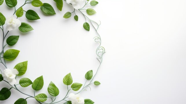 A fresh and green image of a white background with a circular frame of green leaves and white flowers. The leaves are a mix of light and dark green and have a curved and organic shape.
