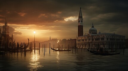 Fototapeta premium Illustration of Venice city, golden hour time. Generative ai