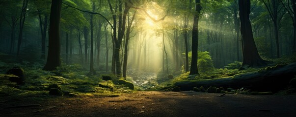 green forest trees with sun ray background, Generative AI - Powered by Adobe