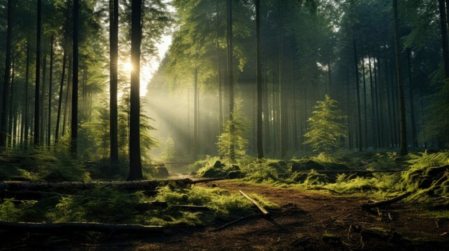 Fototapeta green forest trees with sun ray background, Generative AI