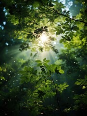 green forest trees with sun ray background, Generative AI
