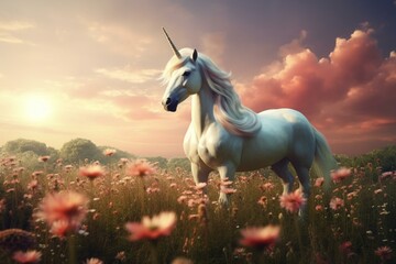 Obraz na płótnie Canvas unicorn on a meadow in front of cloudy sky. Generative AI
