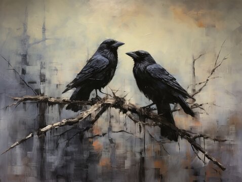 Raven on a branch painting. Generative ai
