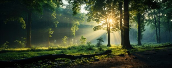 Fototapeta premium green forest trees with sun ray background, Generative AI