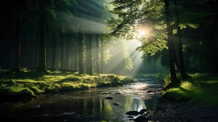 Fotobehang green forest trees with sun ray background, Generative AI © kanesuan