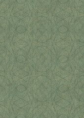 Hand-drawn unique abstract seamless ornament. Dark green on light warm green background, with splatters of golden glitter. Paper texture. Digital artwork, A4. (pattern: p10-2e)