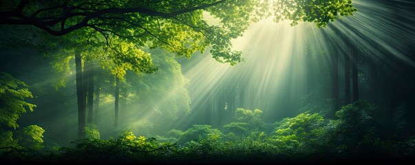 green forest trees with sun ray background, Generative AI - obrazy, fototapety, plakaty