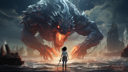 Girl facing a giant creature roaring, epic fantasy wallpaper. Generative ai
