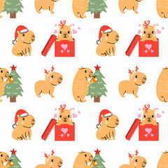 Seamless pattern for printing on fabric and packaging paper. Cute capybara celebrates New Year and Christmas.
