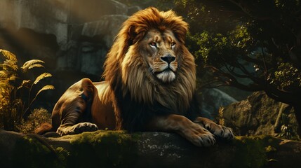 Naklejka premium Portrait of a wild lion king in the jungle. Generative ai