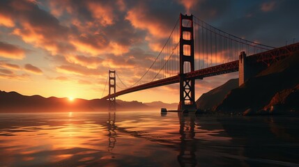 Illustration photo of a golden gate bridge on a golden hour time. Generative ai