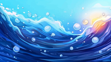 Abstract blue brush stroke texture with Chinese and Japanese ocean wave pattern in 80s 90s vintage style. Abstract art landscape banner design with watercolor texture vector background.