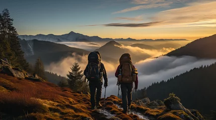 Keuken foto achterwand Grijs Twi hiker on the top of the mountain, seeing a beautiful landscape. Generative ai