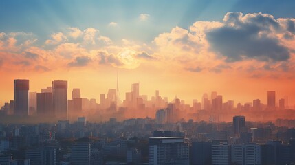 Fototapeta premium Sunset over the city in the afternoon, golden hour time. Generative ai