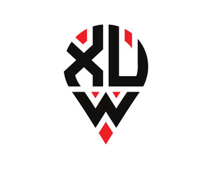 XUW letter location shape logo design. XUW letter location logo simple design.
