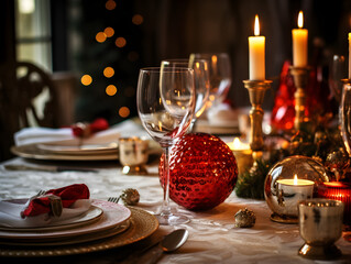 Elegant Christmas dinner table, celebration candle, glasses, plates, Christmas tree