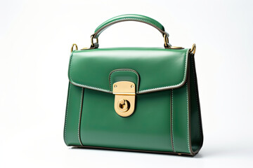 Women leather green handbag on white background.