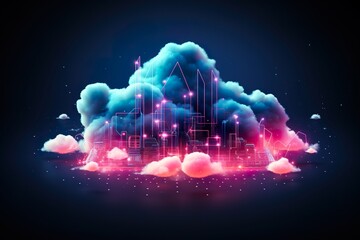 Neon geometric shape on cloud background, futuristic technolog
